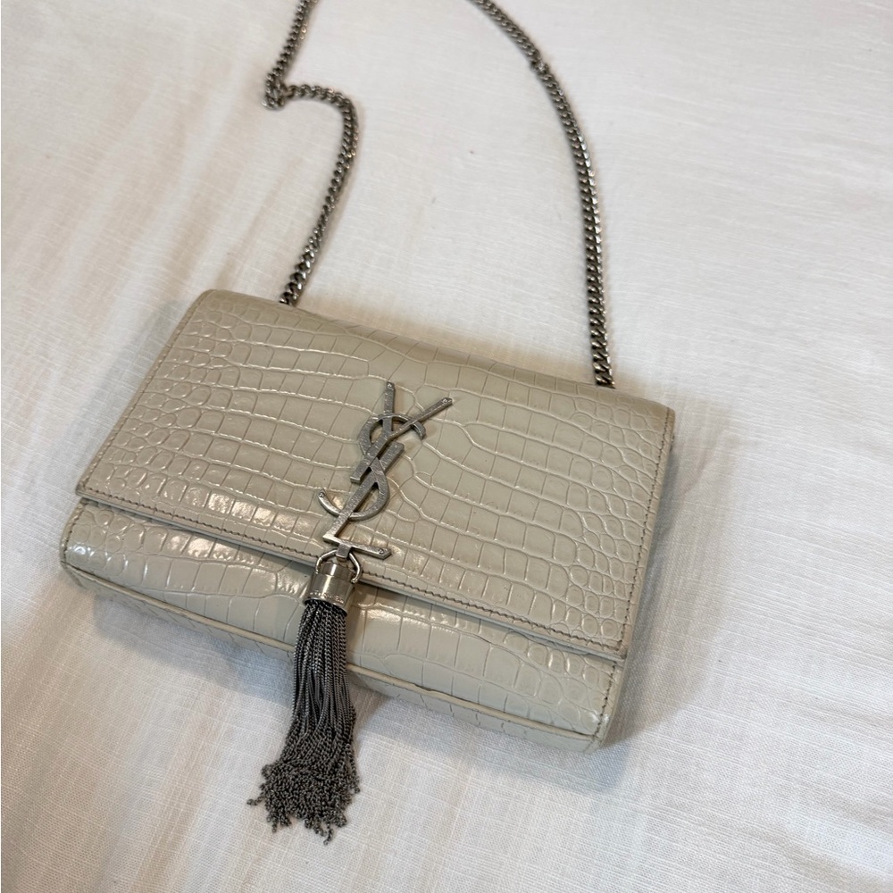 Yves Saint Laurent Cream Croc-Embossed Crossbody Bag